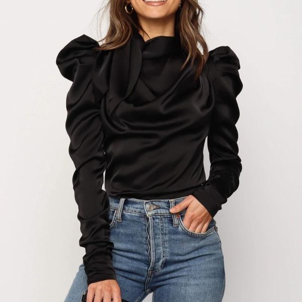 

women's blouses & shirts womens satin stand collar long puff sleeve outwear shirt blouse pleated spring solid color bow 2021, White