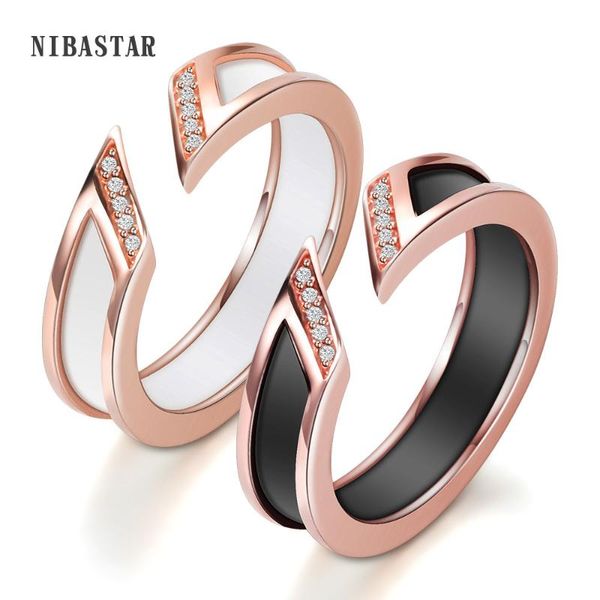 

cluster rings fashion ceramic jewelry style white and black rose gold color stainless steel cz stone for women, Golden;silver