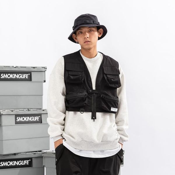 

men's vests multi-pocket cargo vest mens safari style solid color tactical casual loose sleeveless jacket men, Black;white