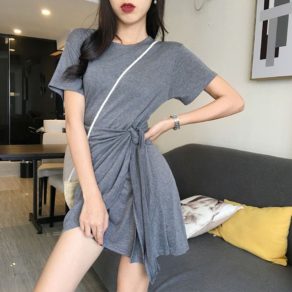 

exy solid o-neck short sleeves bandage dress women casual simple summer dress 2021 n10y, Black;gray