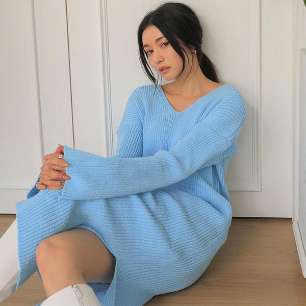 

casual dresses [ewq] korea chic solid color v-neck sky blue waist thin long sleeve beveled side split kniting dress women fashion 2021 16e26, Black;gray