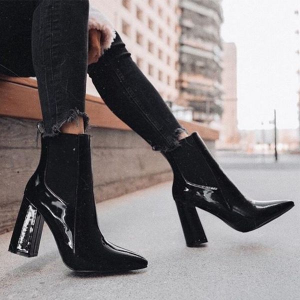 

dress shoes big size 35 42 pointed thick heel patent leather boots for women, Black