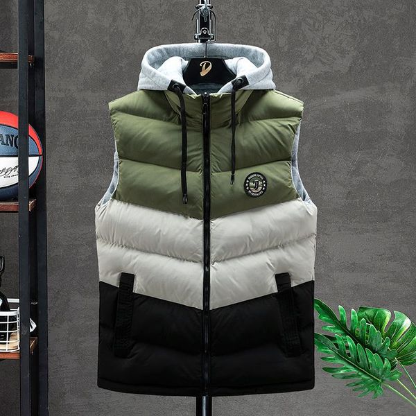 

men's vests 2021 autumn and winter three color matching vest thick warm hooded boy zipper jacket without sleeves, Black;white