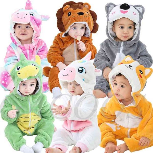 Baby Cartoon Strampler geboren mit Kapuze Säuglingskleidung Jungen Mädchen Pyjamas Tier Onesie Overall Panda Kostüme Flanell Strampler 210816