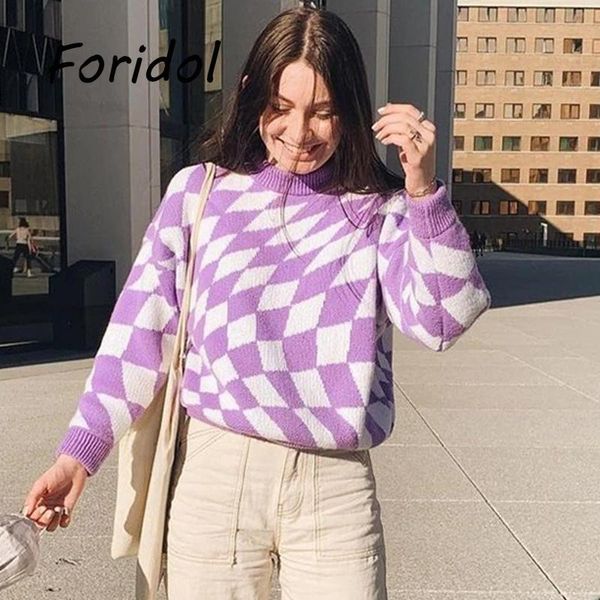 

women's sweaters purple argyle pattern sweater pullovers women o neck casual jumper 2021 autumn winter knitted oversized, White;black