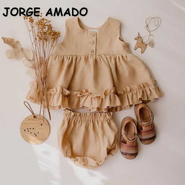 

summer baby girls 2-pcs sets sleeveless vest rufflrs dress+ shorts outfits kids clothes e0717 210610, White