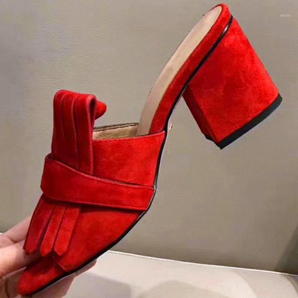 

fringe slippers square heels zapatos de mujer genuine leather shoes women summer outside female open toe 20211, Black