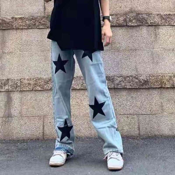

men's jeans hole five stars embroidery washed retro male harajuku loose straight oversize casual denim trousers fwpk, Blue