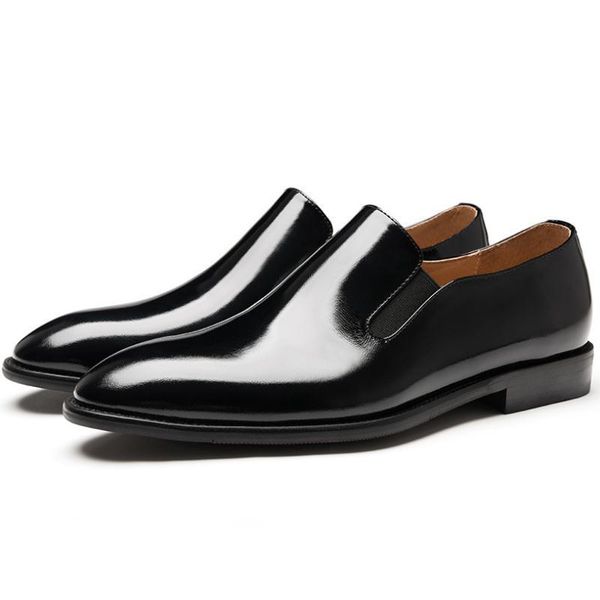 

dress shoes genuine leather men bright black wedding mens business casual male round toe slip on office work