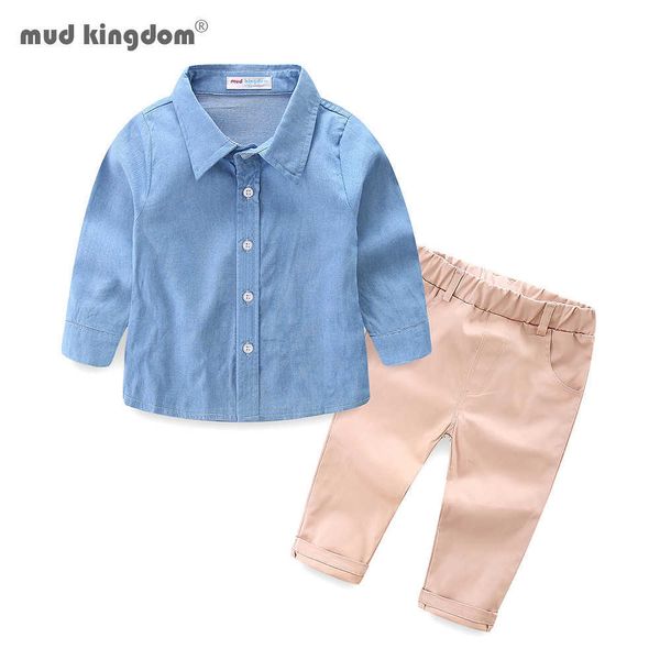 Mudkingdom criança meninos outfits manga comprida botão para cima camisetas calças sólidas conjuntos de roupas de crianças conjunto 210615