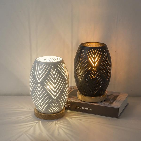 

oygroup bedroom solid wood table lamp hollow lampshade simple creative wooden lamp e27 reading lights white/black no bulb