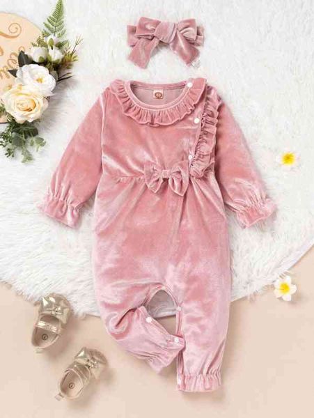 

baby ruffle trim velvet jumpsuit & headband she, Blue