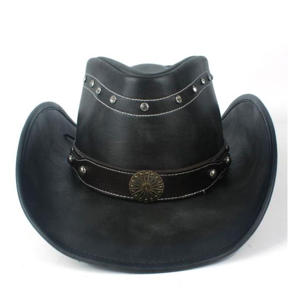 

cloches 100% leather men women black western cowboy hat wide brim outdoor sombrero hombre cowgirl, Blue;gray