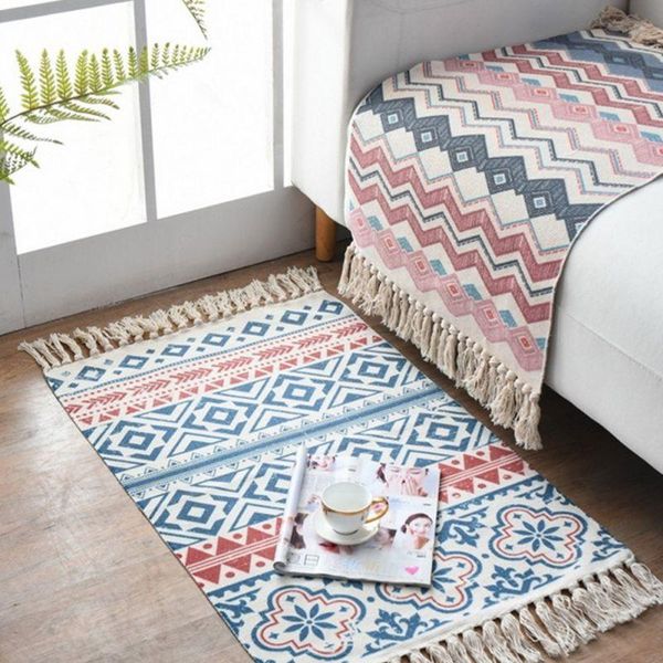 

carpets floor mat cotton thread woven ethnic style 60 * 90 tassel ins modern living room sofa rug textile