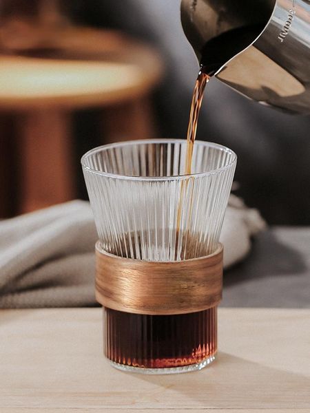 

wine glasses simple appearance, vertical pattern glass coffee cup cover, bamboo tempered heat resistance and high insulation