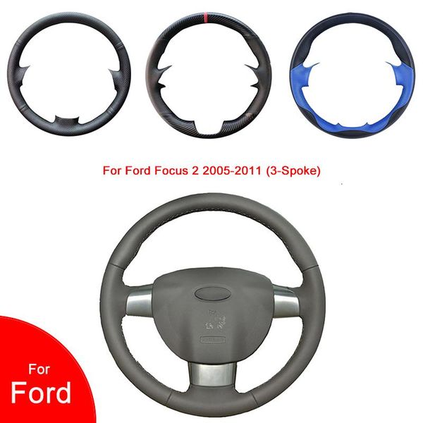 

steering wheel covers breathable punch hand-stitched black artificial leather car cover for focus 2 2005-2011 (3-spoke)