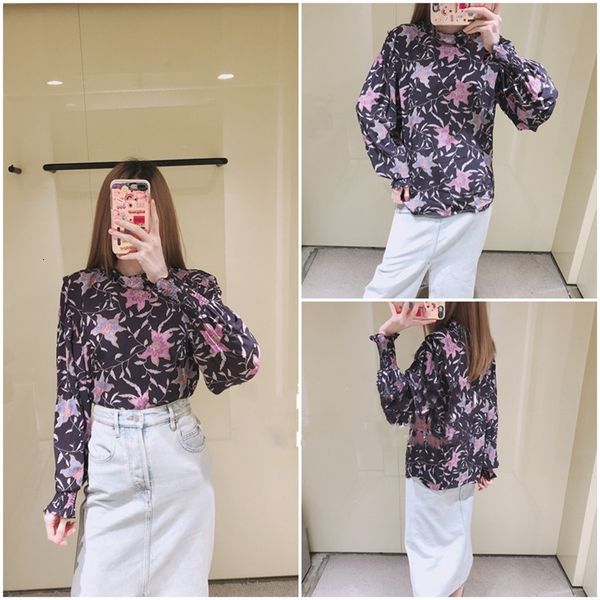 

2021 spring summer new women fungus collar floral elegant print long sleeve ladies shirt 10ls, White
