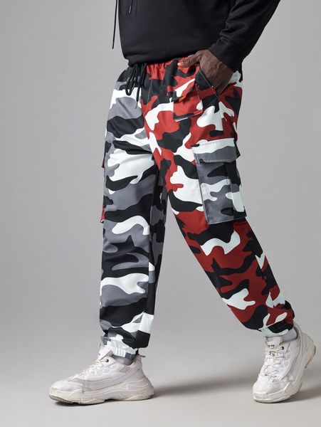

extended sizes men camo print drawstring waist cargo pants 95ig#, Black