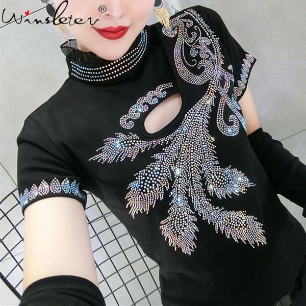 

summer cotton t-shirt european clothes girls stand shiny diamonds hollow out women short sleeve tees 2021 new t11912a, White