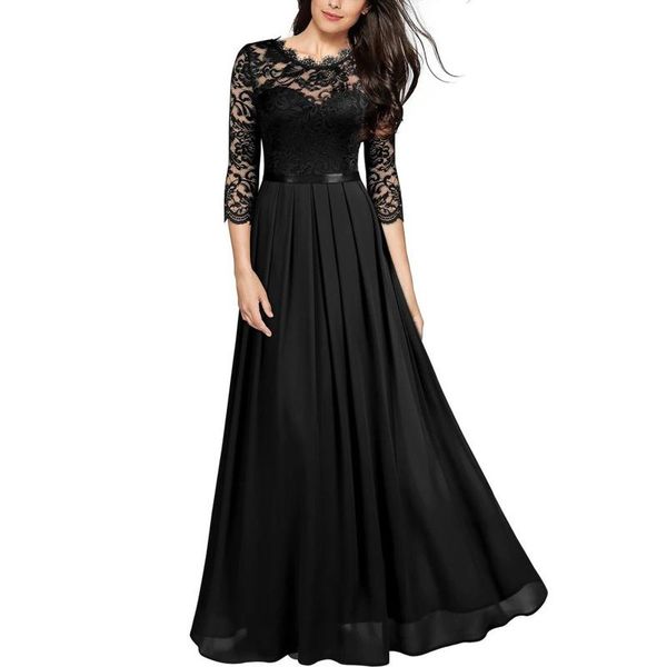 

women vintage lace party long dress elegant embroidered hollow out chiffon maxi dresses lady chic dress vestidos #t2q, Black;gray