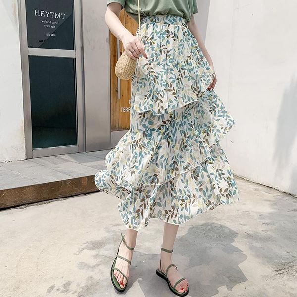 

skirts u-swear summer long womens ruffle chiffon cake skirt high street beach style floral print pleated female, Black