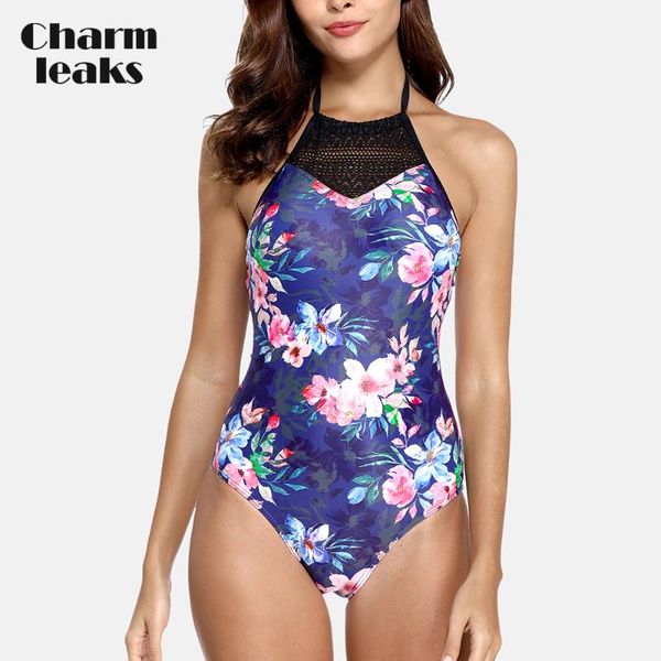

one-piece suits charmleaks womens high neck one piece swimwear vintage floral print swimsuit bandaged bathing suit monokini