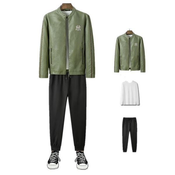 

gym clothing mens 3 piece suits tide brand stand collar short leather jacket outdoor warm coat joggers pants crewneck sweatshirt, White;black