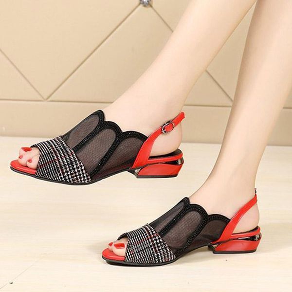 

sandals 2021 summer women mixed colors peep toe back strap ladies shoes grid slip on gauze low heels sandalias mujer 9042n, Black