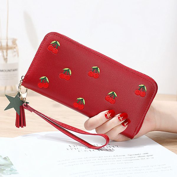 

wallet women long leather cherry tassel fashion ladies wallets embroidered zipper clutch bag card purse porte feuille femme 2019, Red;black