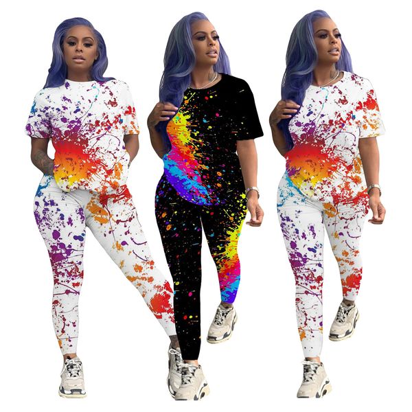 

2021 new colorful graffiti printting t-shirt & pencil trousers women suit summer european and american fashion casual two piece set 4wqi, Gray