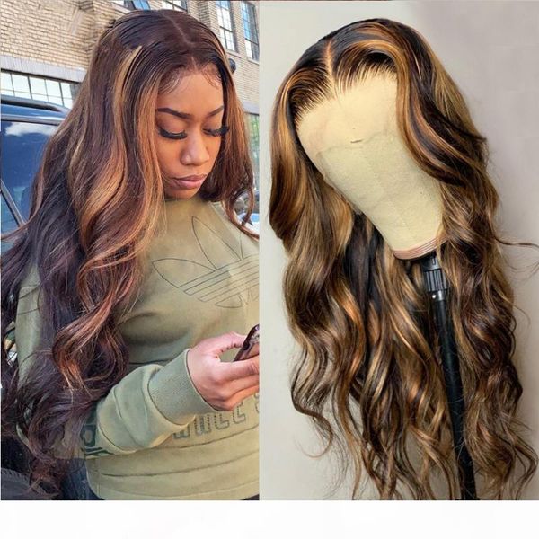

ombre highlight body wave wig honey blonde ombre highlight lace front wigs 13*4 lace frontal wig 180% peruvian remy, Black;brown