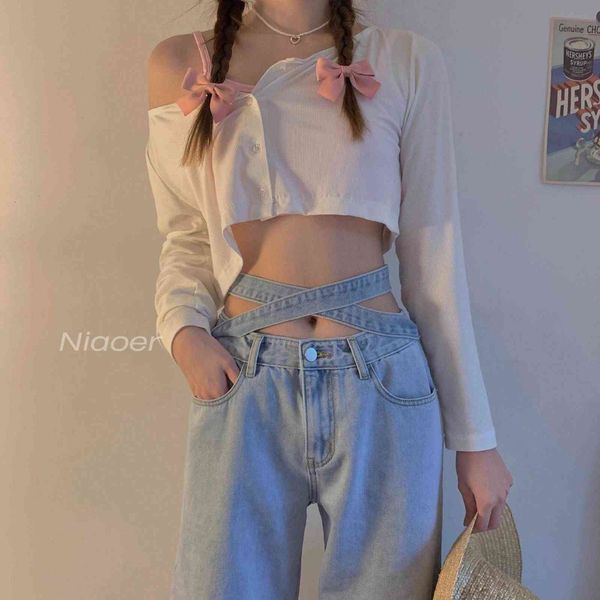

korean version of the retro small waist light blue jeans women's tie high loose casual bf wide-leg denim trousers women 211129