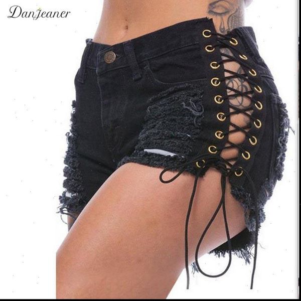 

ripped hole fringe black denim shorts women lace up casual pocket jeans shorts 2021 plus size summer shorts, White;black