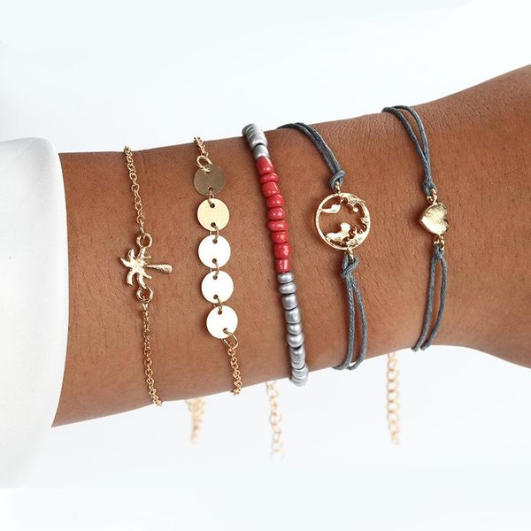

charm bracelets 2021 fashion wholesale handmade jewelry string bracelet gold tree heart bead for women gift accessories 5pcs/set, Golden;silver