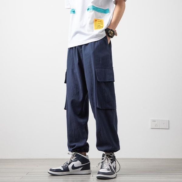 

plus size 5xl-m fashion side big pockets decor linen joggers cargo pants men clothes 2021 solid ankle length casual trousers men's, Black