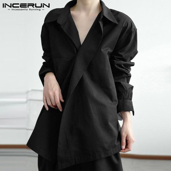 

men's casual shirts incerun fashion men shirt lapel long sleeve pockets streetwear one button korean clothing 2021 loose leisure camisa, White;black
