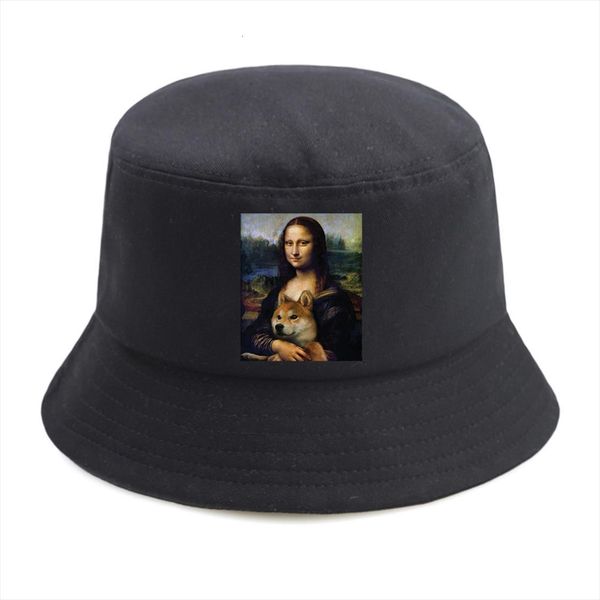 

mona lisa and dog print casual bucket hat summer fashion streetwear black cap sunshade fisherman man woman panama, Blue;gray