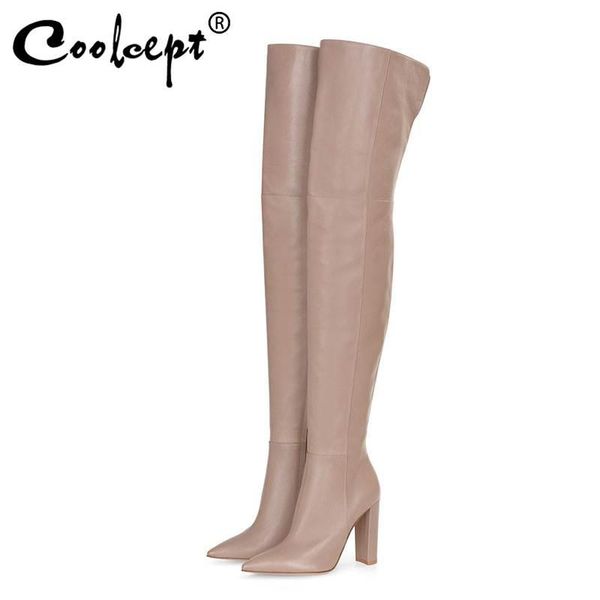

boots coolcept size 34-45 thigh high women brand winter shoes simple keep warm pointed toe heels long, Black