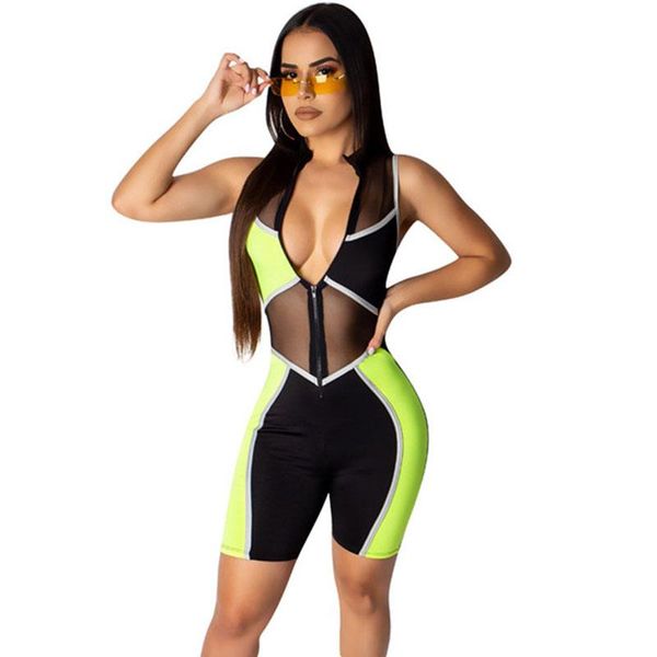 

women fitness playsuit shorts jumpsuit sleeveless front zipper mesh color block patchwork skinny sport wear casual bodysuit, Black;white