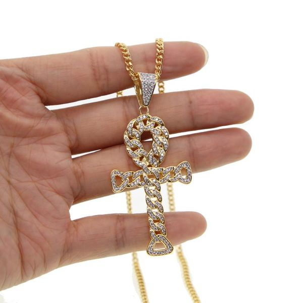 

pendant necklaces 24" cuban link chain ankh egyptian religious rock cross iced out cz miami shaped hip hop necklace for men, Silver
