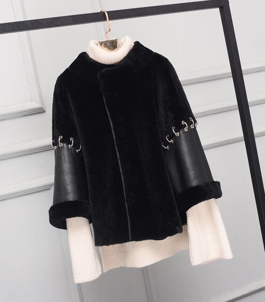 

women's fur & faux arlene sain the winter 2021 leather lambs wool sheep sheared coat integrated ms short ping 630, Black