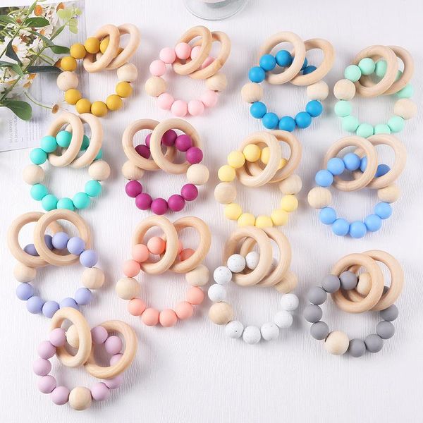 

baby wristband natural wooden silicone teething beads teether newborn teeth practice toys food grade soother infant feeding kids chew toy