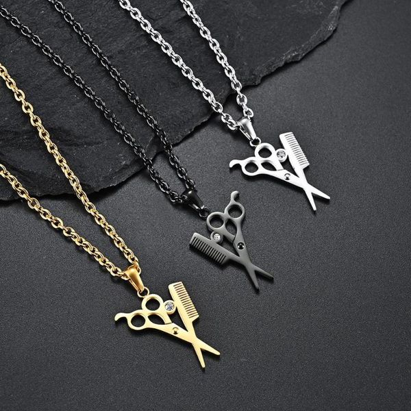 

pendant necklaces cute things geometric hairdresser scissors comb necklace stainless steel unix cz stone man women 2021 gift for boyfriend, Silver
