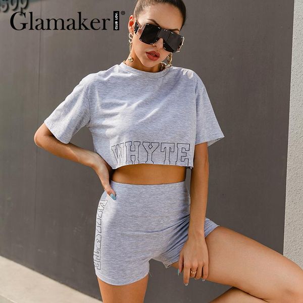 

women's tracksuits glamaker casual two piece women suit crop and shorts sportwear summer playsuit female 2021 letter embroidery sets, Gray