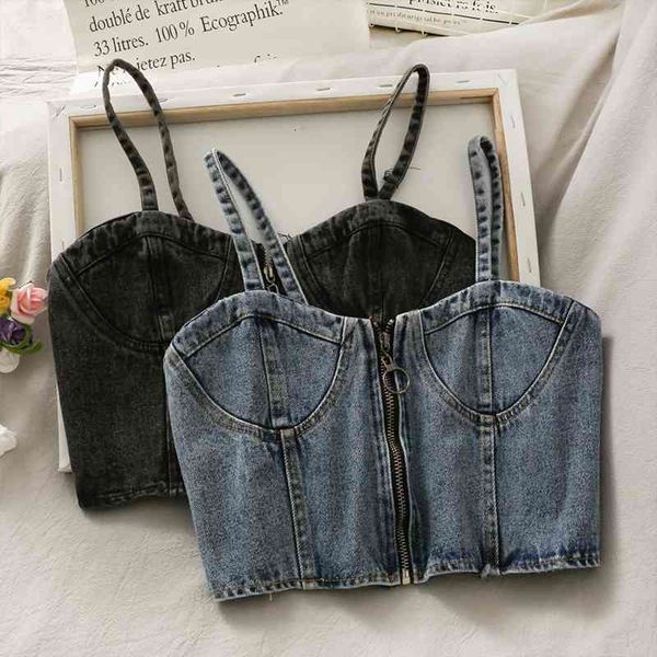 

women's tanks & camis korean style fashion casual zipper short cropped denim vest women's summer careful machine beauty back, White