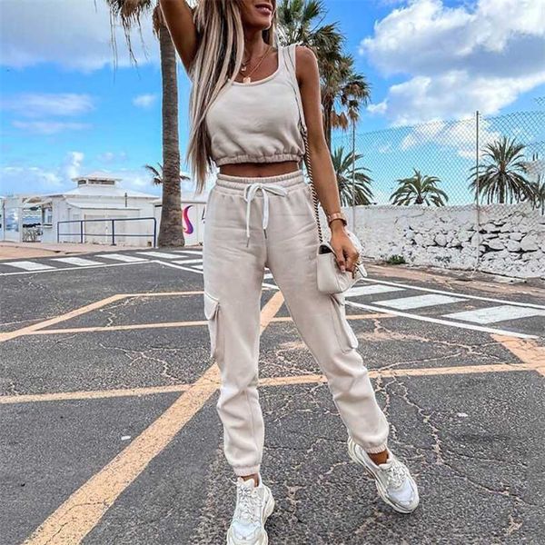 

women casual solid tracksuit 2 pieces set slim crop and drawstring long matching summer sportwear stretch outwear 211105, White