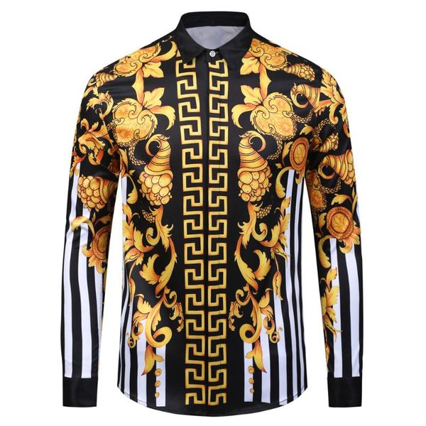 

men's casual shirts black and white striped men shirt long sleeve paisley print blouse homme baroque banquet spring clothes, White;black