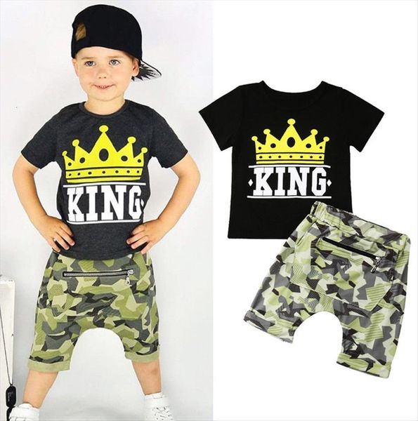 

summer toddler baby kid boy clothes king t shirt camo pants outfits set casual, White
