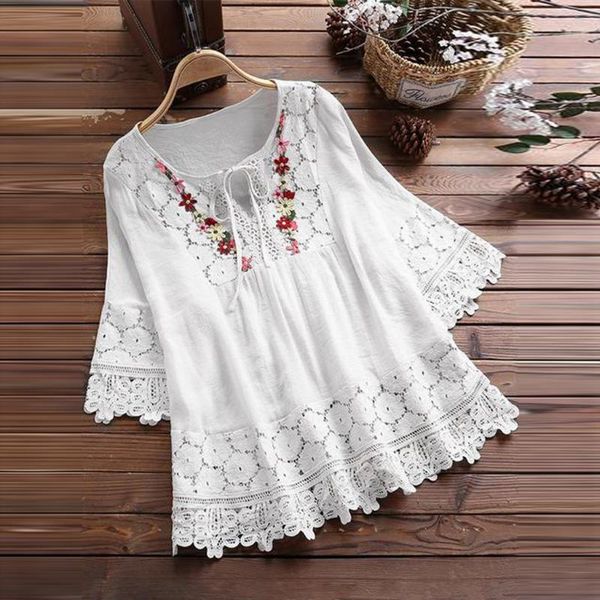 

women's blouses & shirts patchwork bow blouse women vintage lace v-neck three quarter shirt mujer camisetas chemise femme, White