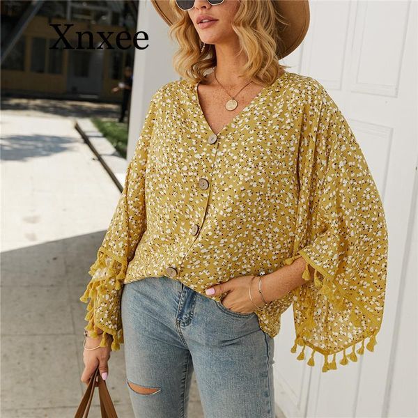 

women's blouses & shirts women elegant v-neck floral lrint blouse summer polka dot fringed shirt print loose butterfly sleeve short, White